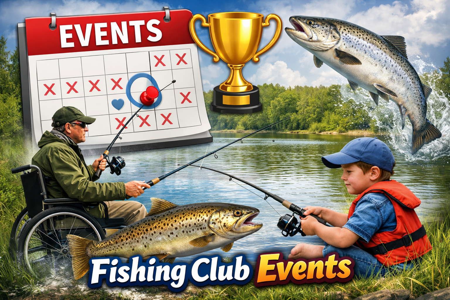 Fishing Club Events image with Calendar, Competition Trophy, Trout, Salmon and a young and disabled person fishing overlooking a river