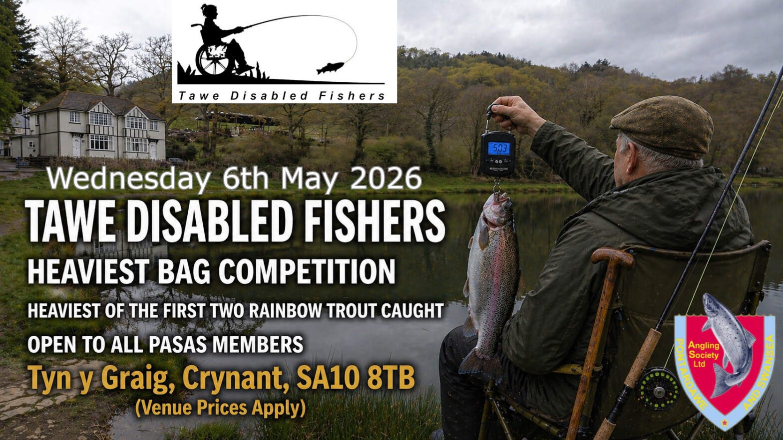 Poster image for the Tawe Disabled Fishers May Safari competition in Crynant at Tyn y Graig Fishery