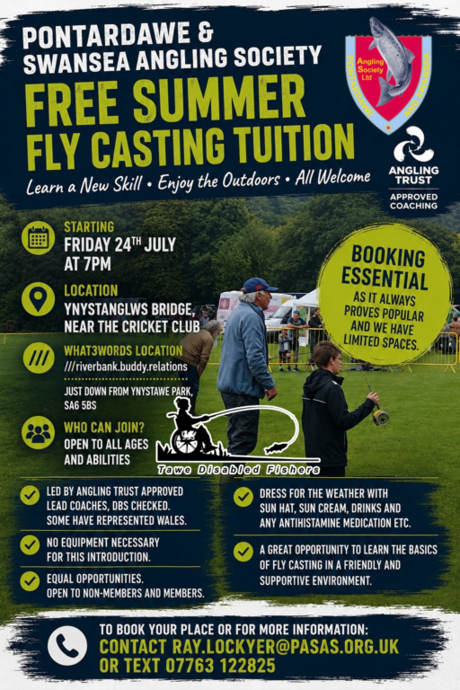Summer Casting tuition Flyer alongside River Tawe, Ynystawe by Pontardawe and Swansea Angling Society with Tawe Disabled Fishers