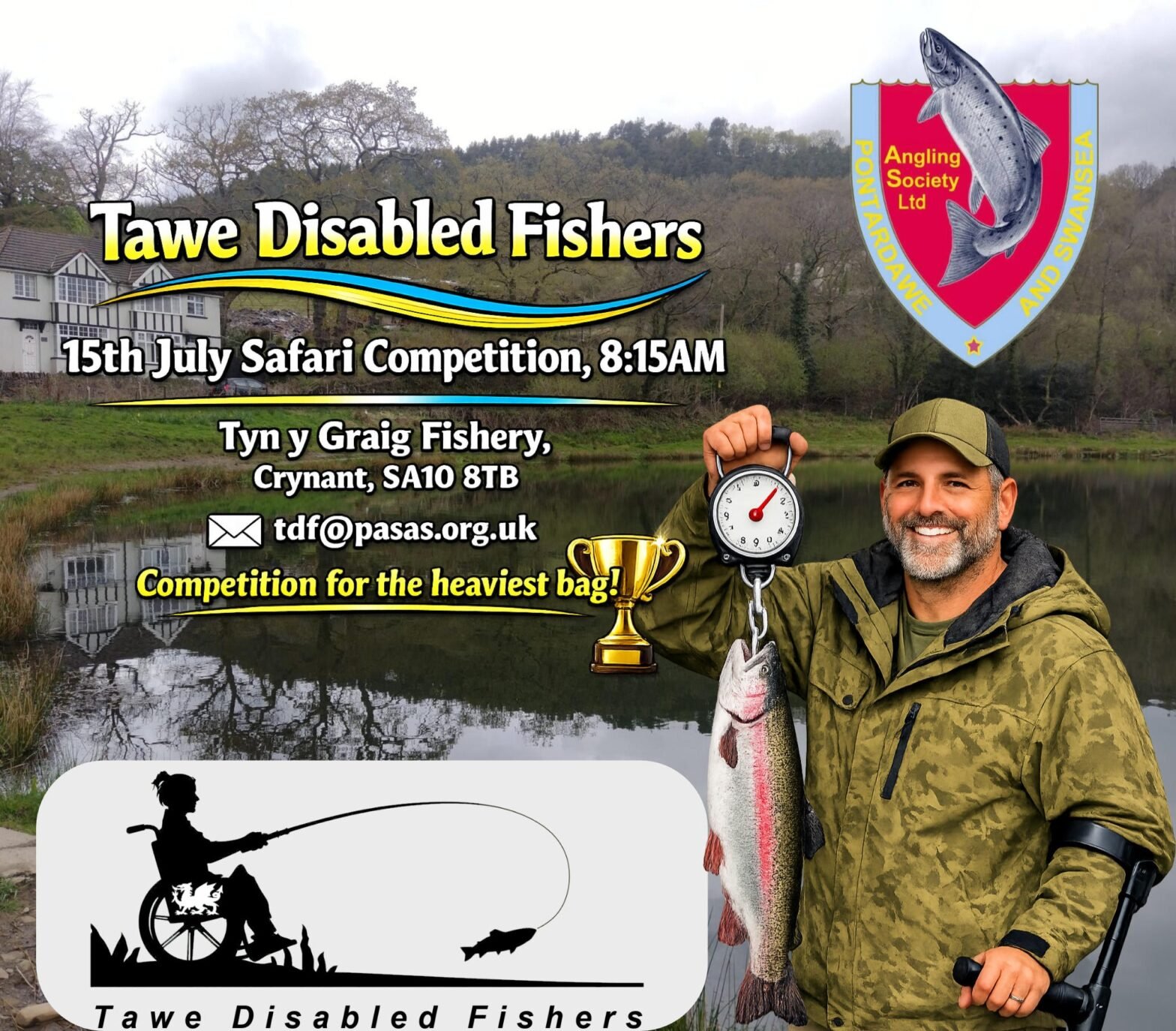 Tawe Disabled Fishers 15th July 2026 Graphic scene of fishing lake with a disabled person holding a 5lb Rainbow Trout